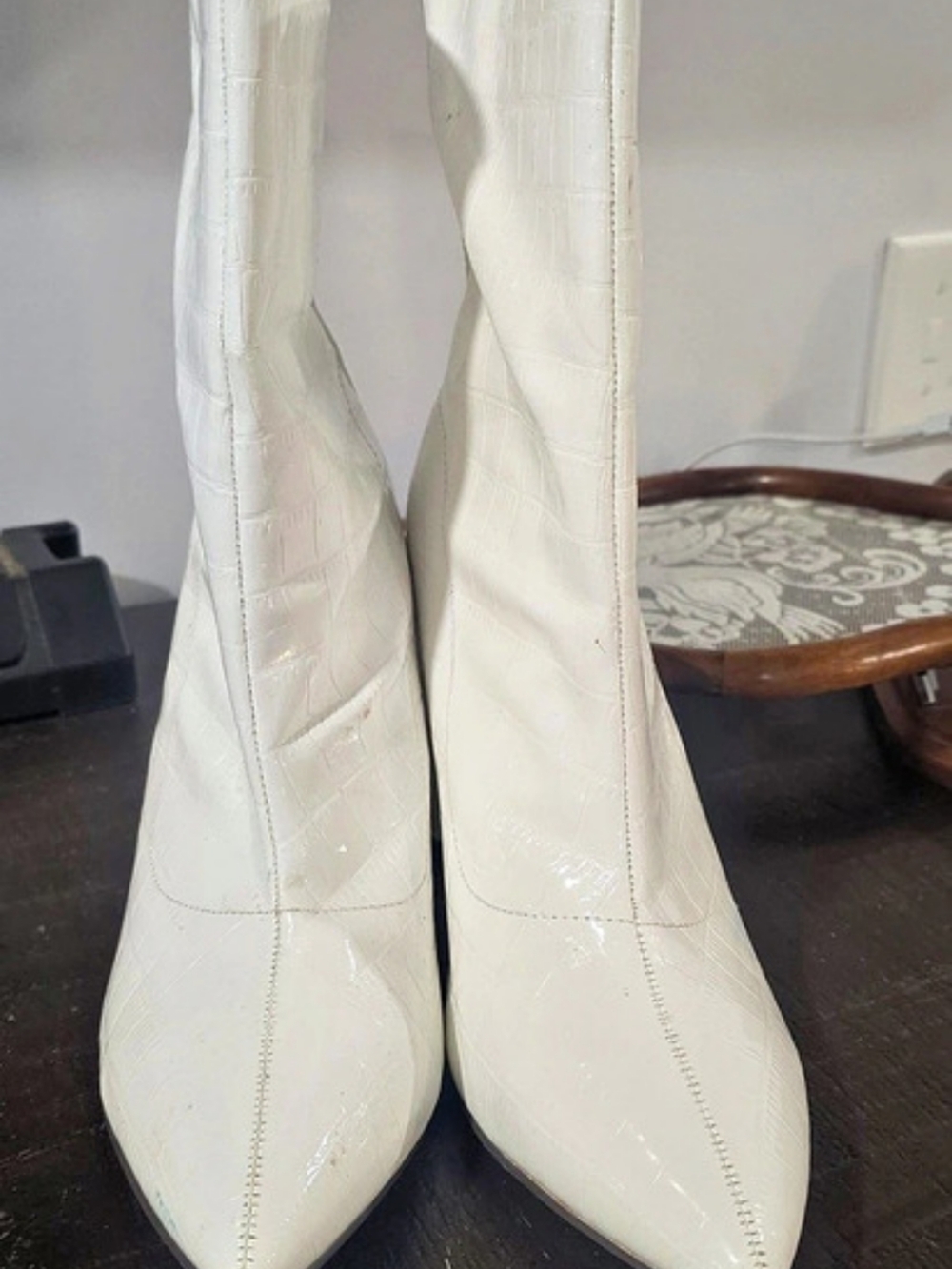 White Crocodile-Embossed Pointed Toe Boots